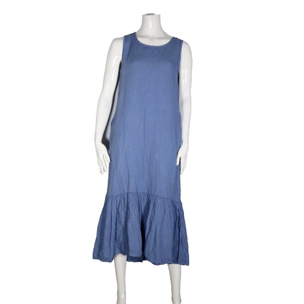 La Contessa Women's Small Blue Maxi Made in Italy Linen Sleeveless Pockets Dress